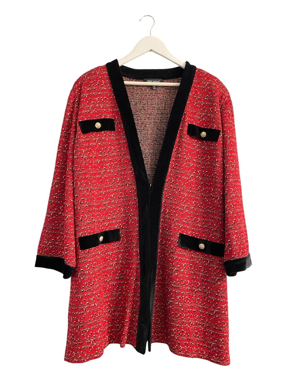 Ming Wang Red Tweed Open-Front Coatigan with velvet trim and Gold Buttons